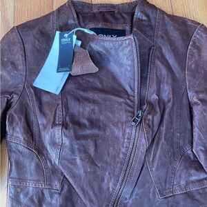 ONLY Women's Rich Brown Leather Jacket